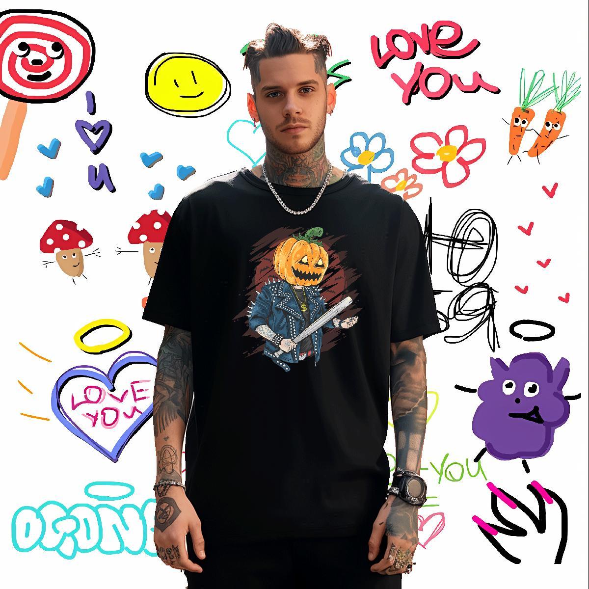 Loose Fit Mens T Shirts pumpkin O-Neck Short Sleeve Sports Casual Anime 230g 100% Cotton Men Tshirts Free Shipping Tees