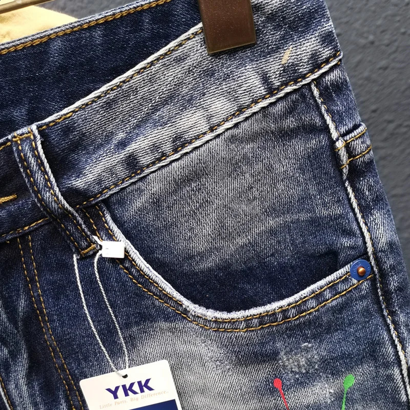 Mens Graffiti Jeans Fashion Spray Paint Ripped Hole Personality Hip-hop Streetwear Male Clothing Slim Youth Denim Trousers