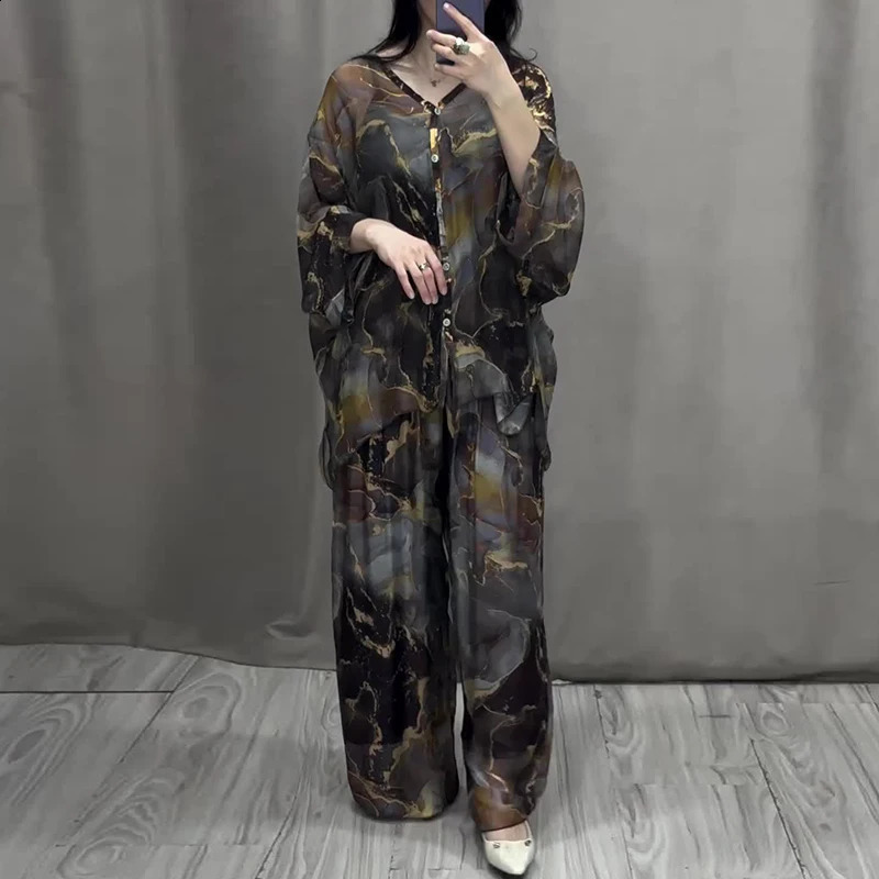 Retro Marble Print Loose Women Outfit Spring V Neck Button Blouse Shirt Pleated Pants 2pcs Autumn Long Sleeve Female Suits Set 240820