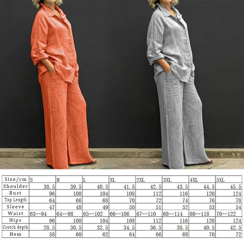 Plus Size Cotton Linen 2Pcs Set Women Autumn Long Sleeve Shirt Trousers Set Fashion Solid Straight Pants Suits Women Outfits 240820