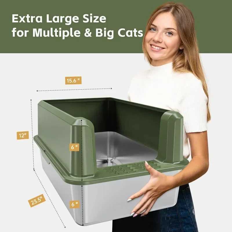 Large Stainless Steel High-Sided Enclosed Cat for XL Cats, Easy Clean Metal Kitty Litter Box with Scoop
