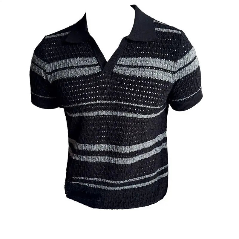 Summer Short Sleeved Breathable Polo Shirts Stripe Fashion Lapel Casual Men Print Turn Down Collar Versatile Loose Thin Tops 240820