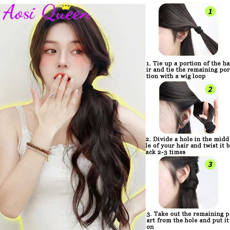AOSI synthetic wig ponytail womens long hair sweet cool elastic band with low tie naturally light curly ponytail W240817