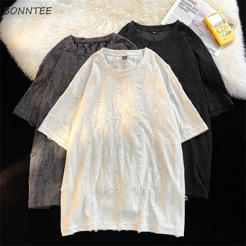 Ripped T shirts Men Hole Y2k Tops Streetwear Summer O-neck Clothing Hip Hop Fashion Teens American Retro Vintage Baggy 240819