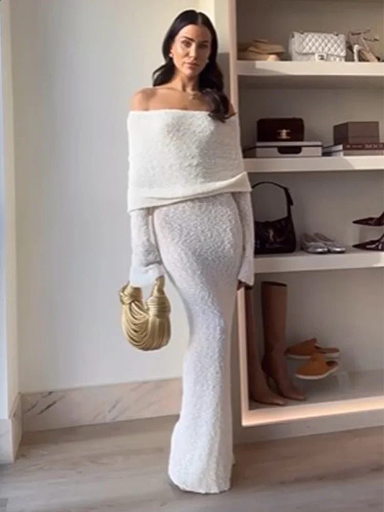Knit Hollow Out Off The Shoulder Dress Women Spring Summer Slim Long Sleeve Sexy Beach Party Female Long Dresses Streetwear 240819