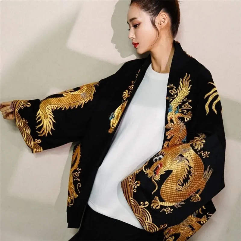 Spring Autumn Printing Dragon Coat Women Fashion Loose National Wind Black Cardigan Jacket Embroidery Outerwear Female 240819