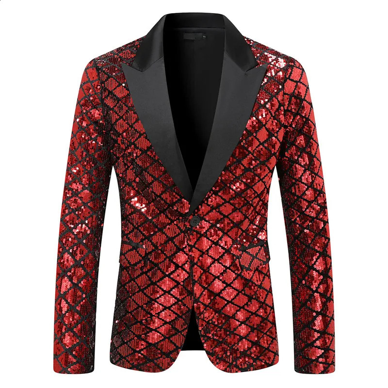 Fashionable mens y sequin checkered suit jacket goldsilver singer host stage party loose dress 240819