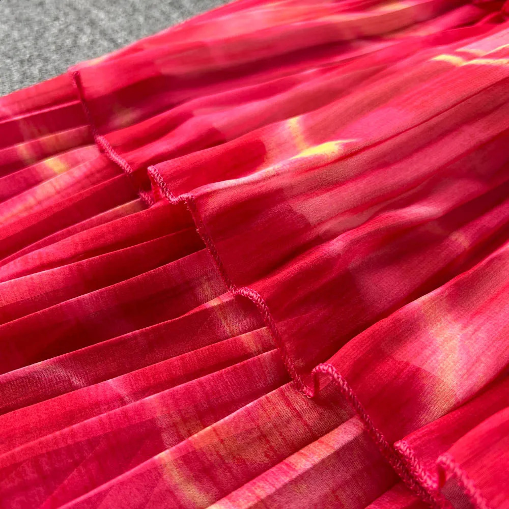 Vintage Pleated High Waist Dress Fairy A-line Puff Sleeve Dress Chic Summer Beach Vestidos Women Vacation Sundress