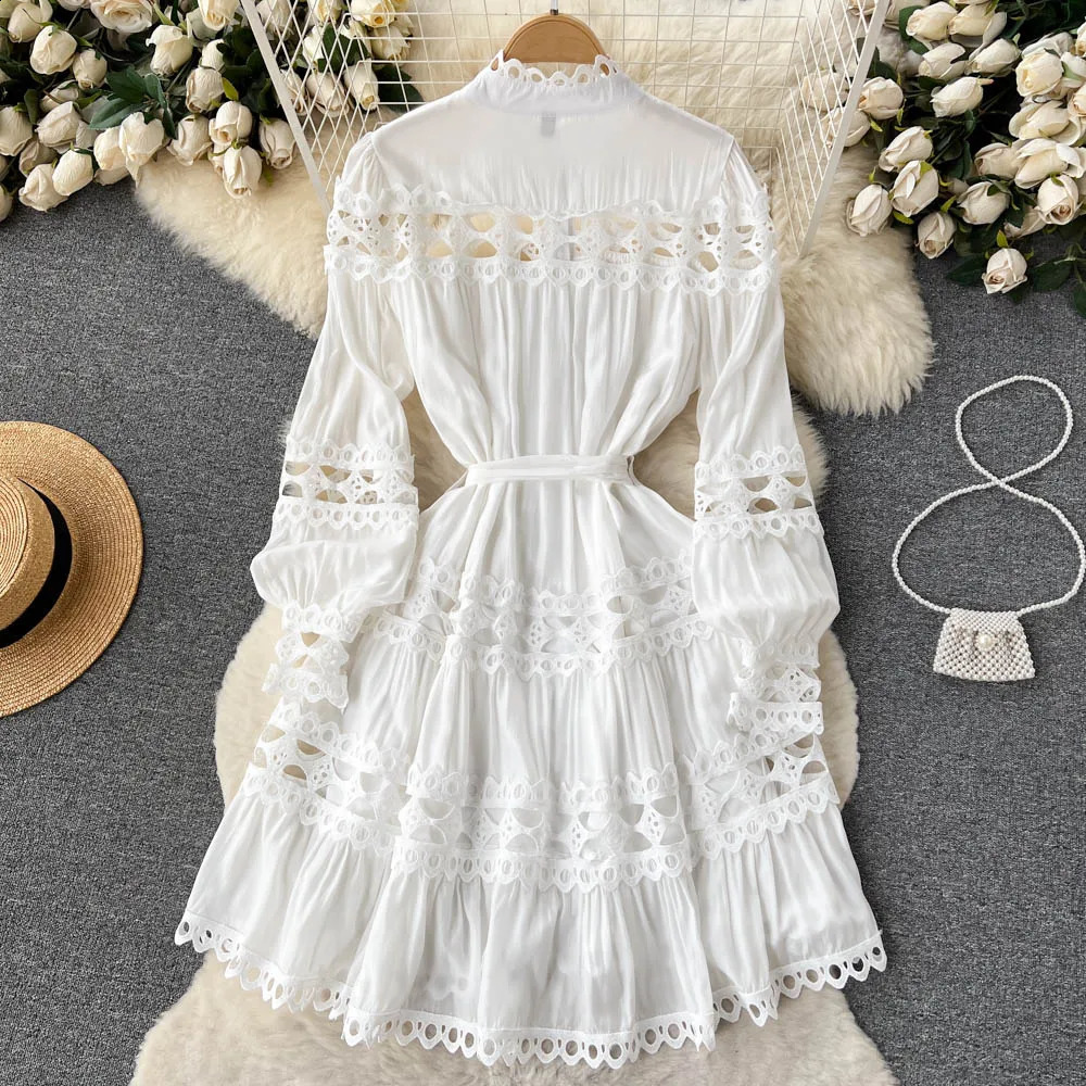 Vintage Folds Lace Hollow Out Lantern Sleeves Long Sleeves Single Breasted Dress Casual Women A-line Fashion Autumn Dress