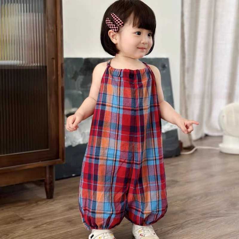 Cherry Girls Red and Blue Plaid jumpsuit summer cute bunny tail girl bib pants baby coat girl jumpsuit W240806