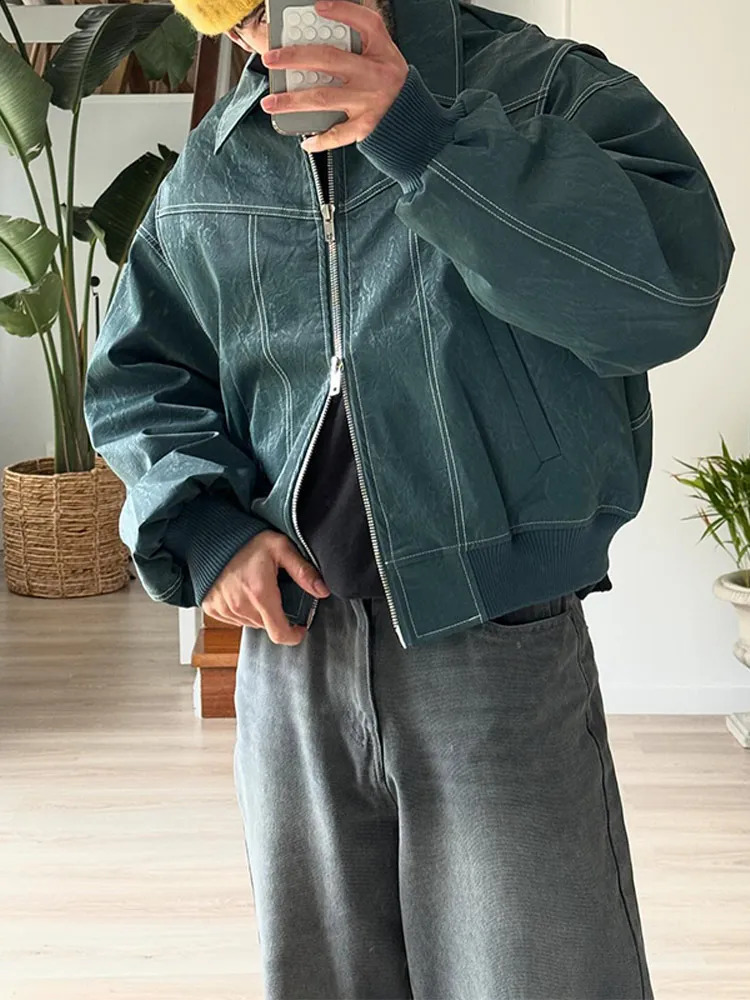 Mens retro patchwork lapel long sleeved jacket fashionable solid zipper oversized casual spring and autumn mens high street clothing 240827