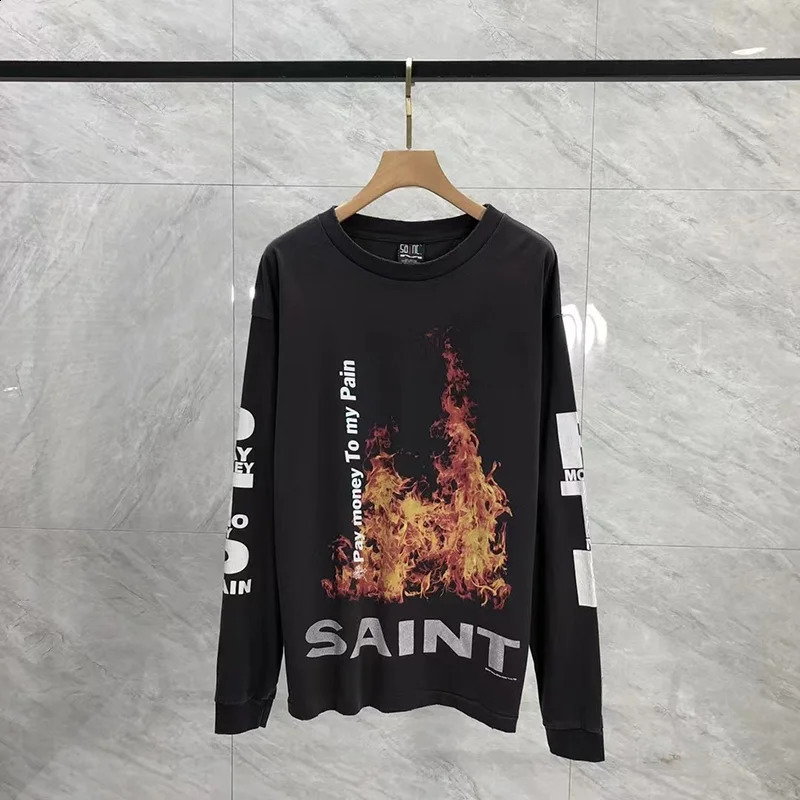 2024 Vintage Washed Black Pay money To my Pain Saint Long Sleeved T-Shirt Men Women High Quality Flame Printing T Shirt Tops 240819