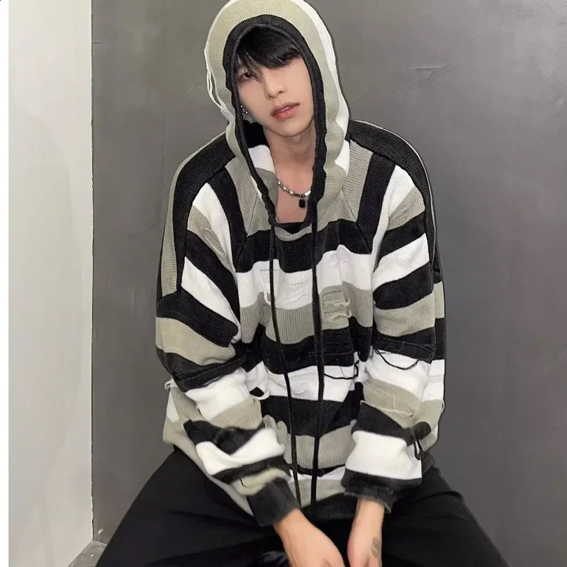 American style retro Distressed Striped knit hooded sweater for womens casual niche pullover 240819