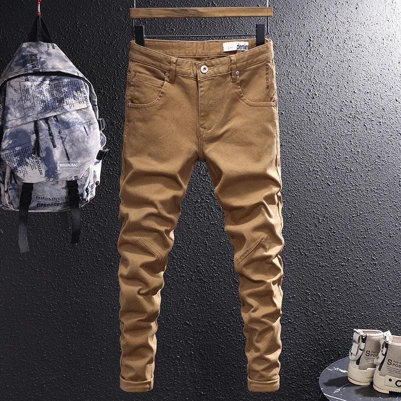 n mens jeans khaki brown elastic slim fit stretch retro Korean simple casual Hombre 240819