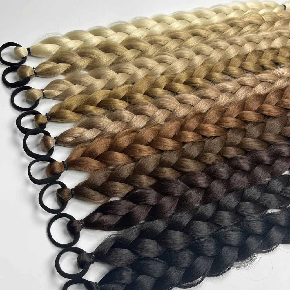 MISSQUEEN 24 inch synthetic long straight braided ponytail hair extension with rubber band black brown ponytail wig W240817