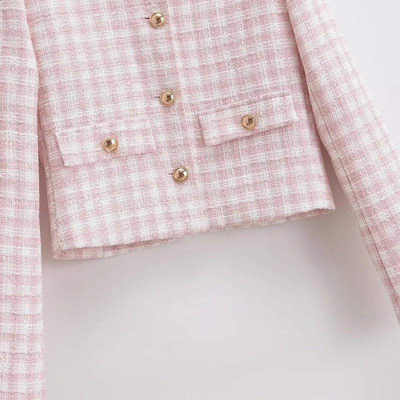 Womens Jacket Autumn Vintage Tweed Blazers Coats Fashion Single-breast Pink Plaid Suit Female in Outerwears Clothing Top 240819