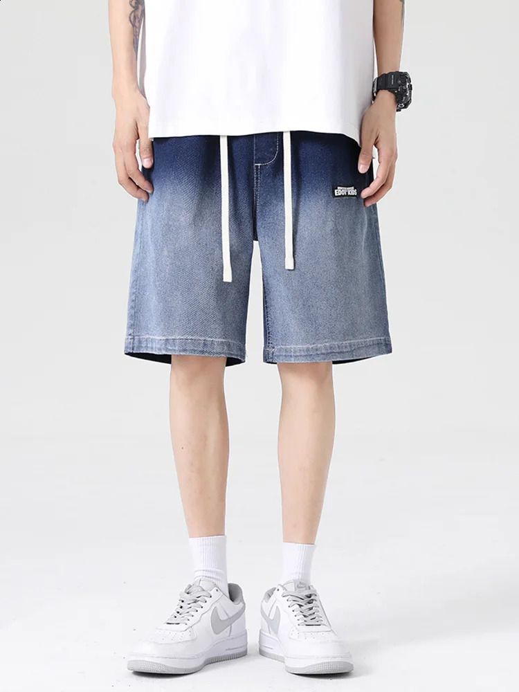 Gradient Summer Denim Shorts Mens Cotton Casual Breeze Drawstring Pocket Jeans Plus Size 8XL 240819