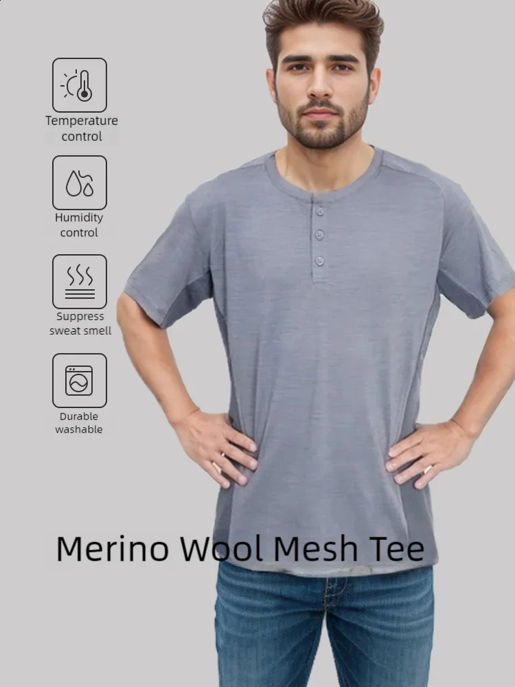 Grey Shell Outdoor Merino Wool Sports Mens Short Sleeve Mesh Patch Work Light Quick Drying Tshirt 240819
