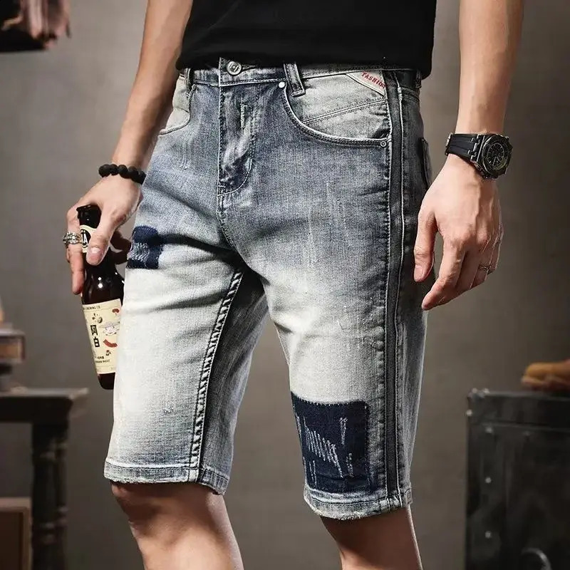 Open collar mens denim shorts slim fit summer blue wholesale Korean fashion coarse cut Y2k 240819