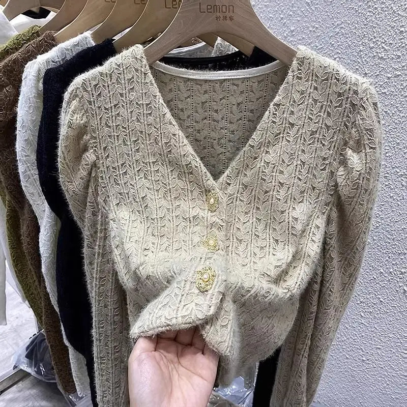 Womens Lace Knitted Autumn Winter Solid Color V-Neck Jacquard Weave Button Fashion Loose Long Sleeve Tops 240819