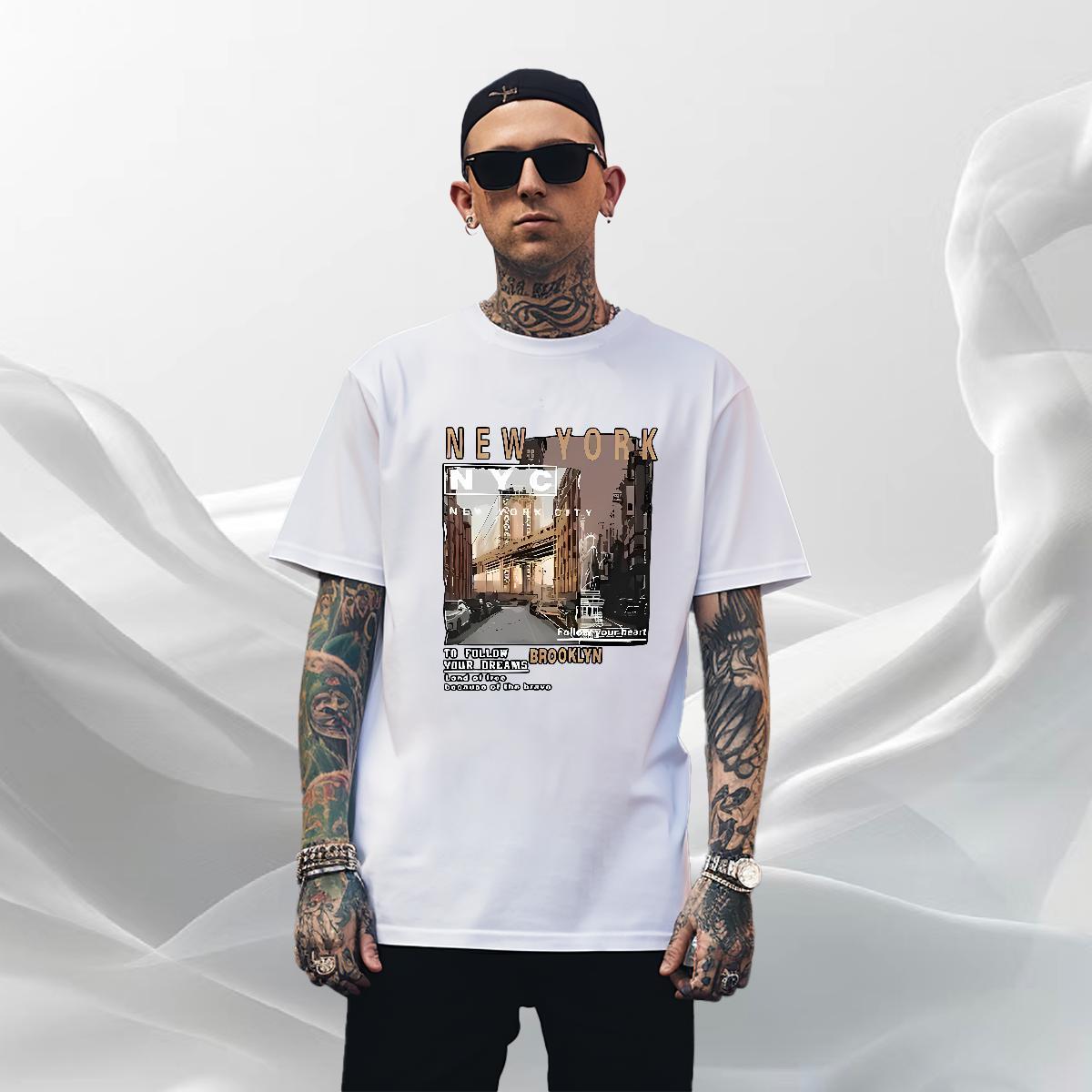 Soft Mens Tshirts Daily Outfit 230g Cotton Floral Print Breathable Short Sleeve New York T shirt Fashion Casual Tops