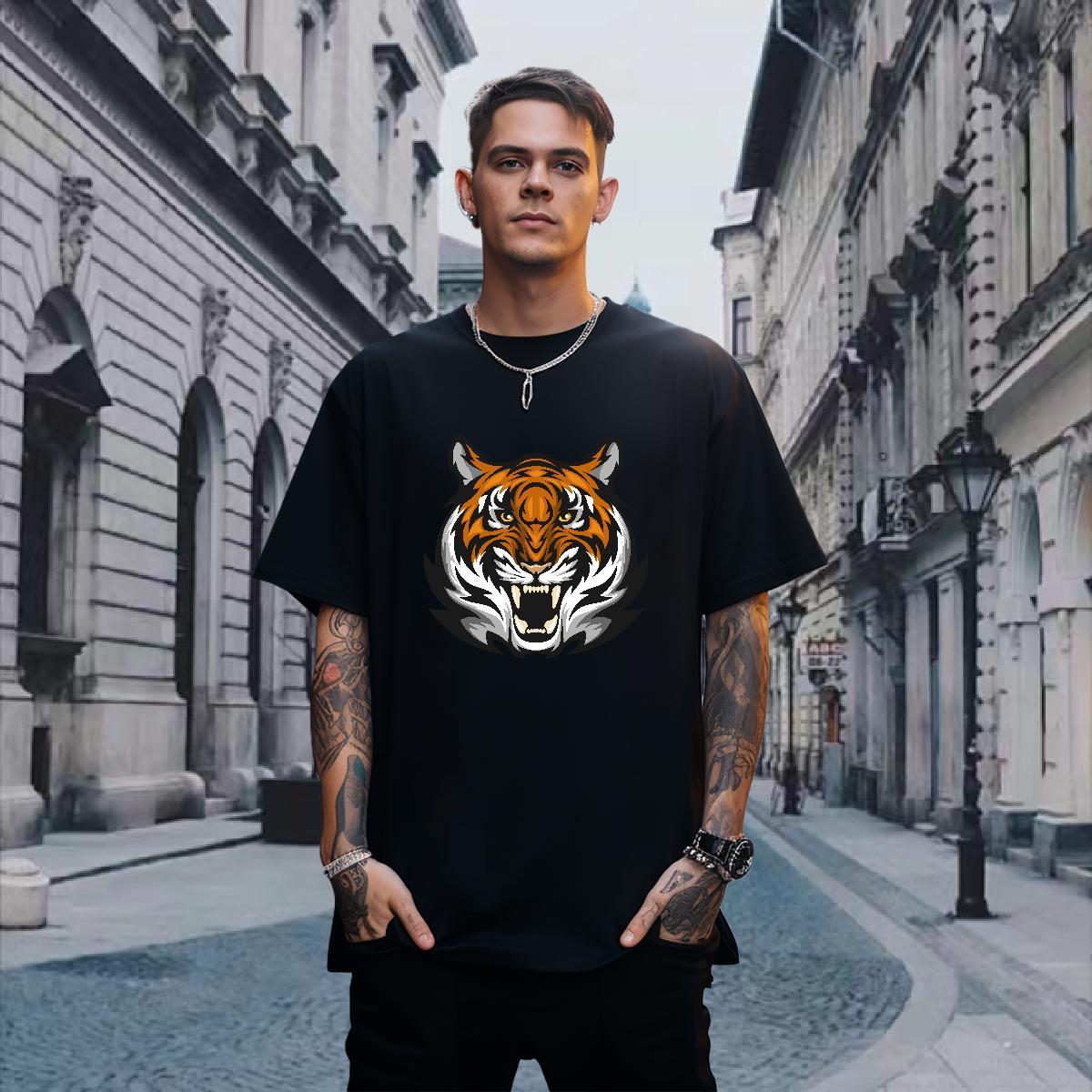 Classic Men T Shirts tiger Breathable Short Sleeve Casual Beach Plus Size Cartoon 100% Cotton 230g Mens Tshirts 2024 Tee Shirt