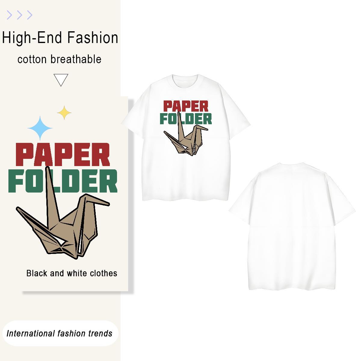 Comfortable origami crane 230g 100% Cotton Men Tops Tees Sport Crew Neck Breathable Man T Shirts New Oversized Polos