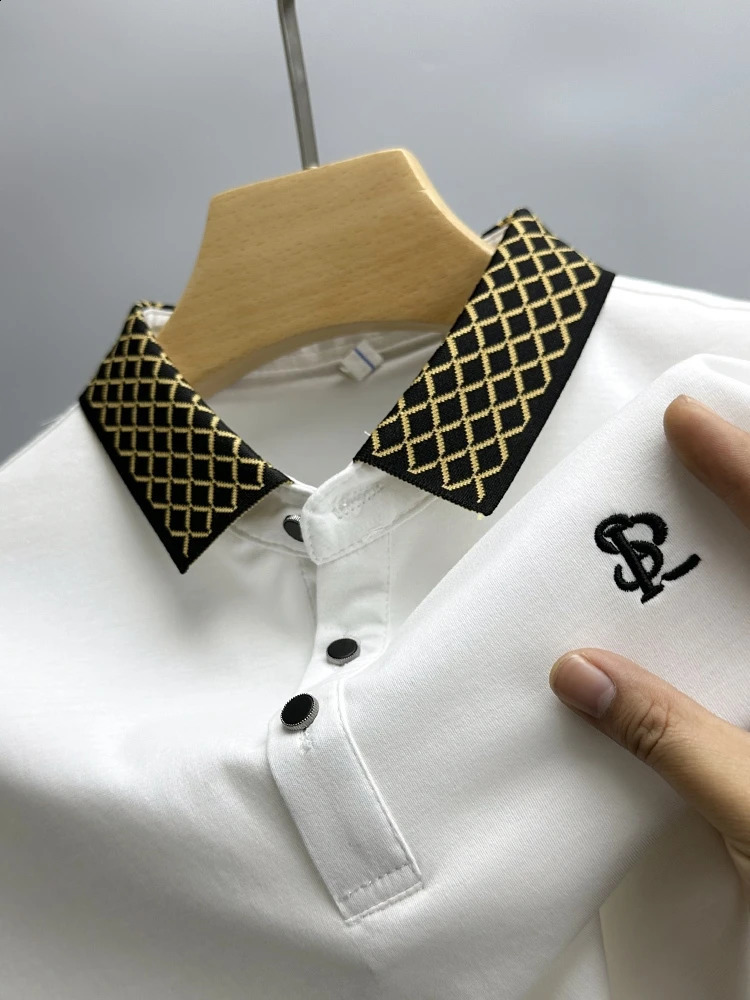 fashionable plaid lapel short sleeved polo shirt for mens summer high-end cotton comfortable breathable T-shirt men 240820