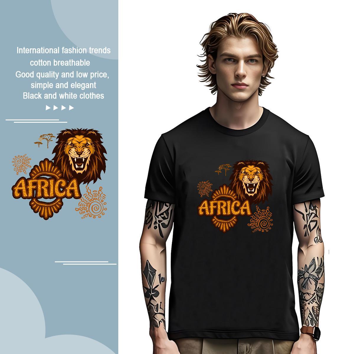 Popular T-Shirts Africa lion Breathable Short Sleeve Casual Floral Print 230g Pure Cotton Tshirts Stylist Clothes
