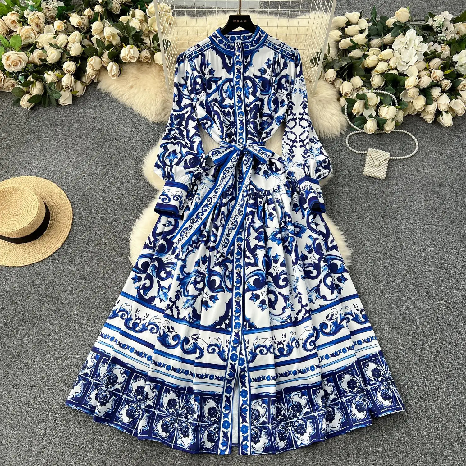 Spring Runway Blue and White Porcelain Dress Womens Stand Long Lantern Sleeve Flower Print Lace Up Beach Robe Vestidos