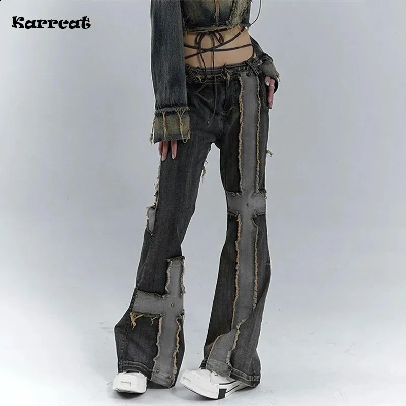 Karrcat Grunge Aesthetics Distressed Jeans Retro Patch Work High Waist Flare Jeans Wildland Punk Do old Denim Pants Gothic 240820