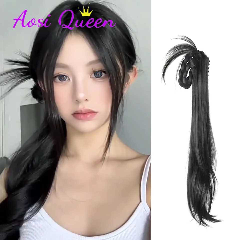 AOSI synthetic grab clip ponytail wig gentle Tthousand gold braid braided side ball head low ponytail wig ponytail W240817