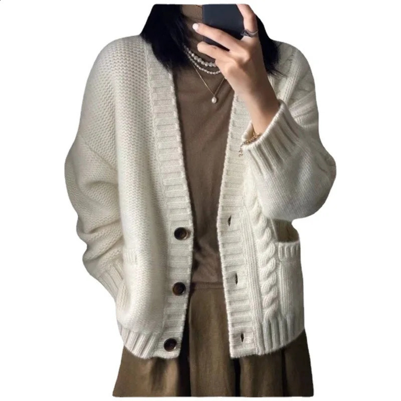 Vneck short sleeved knitted cardigan womens autumn and winter thick Korean casual loose long sweater jacket in 3 colors 240819