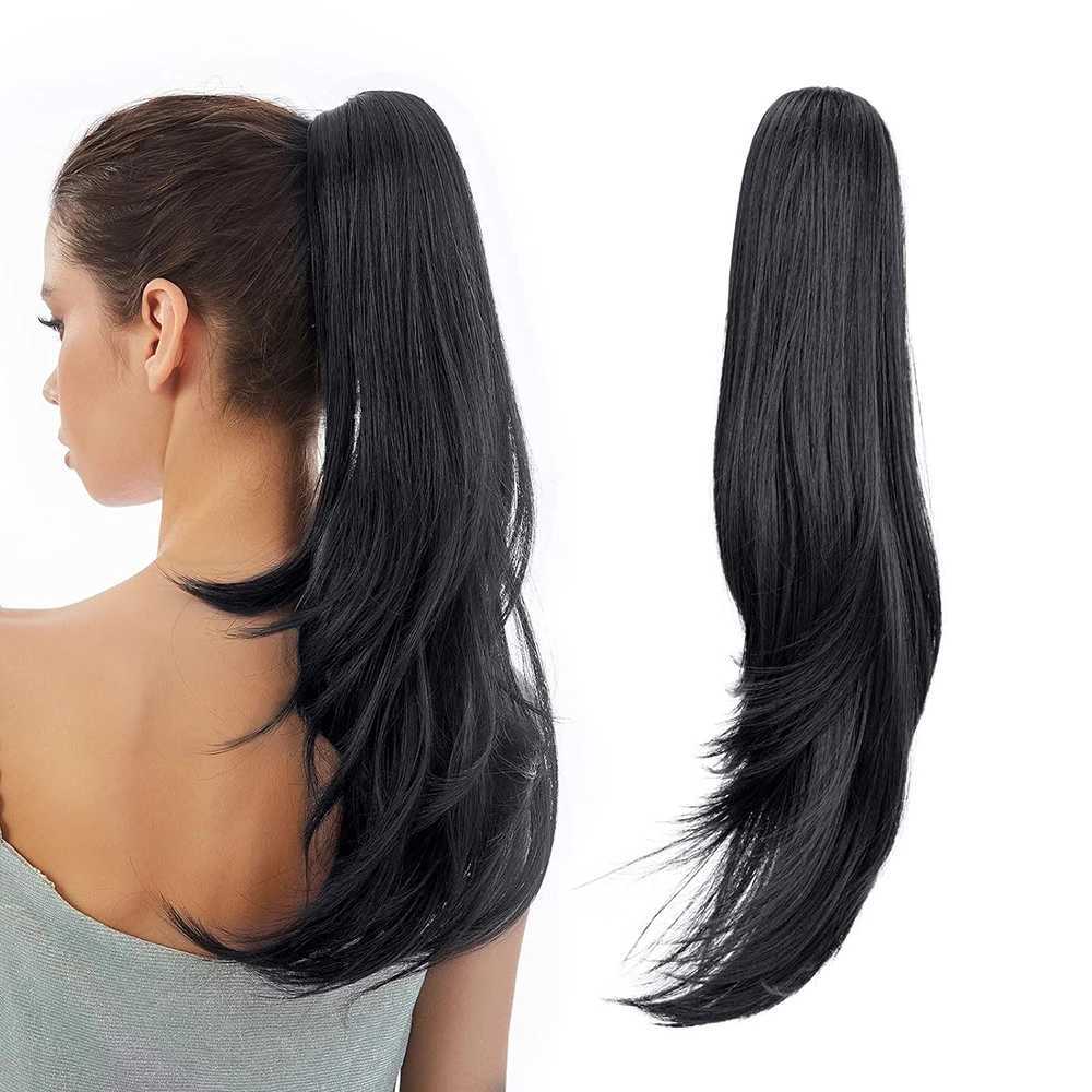 Synthetic wig wave extended ponytail 22 long claw straight hair black hair womens clip for daily party use W240817