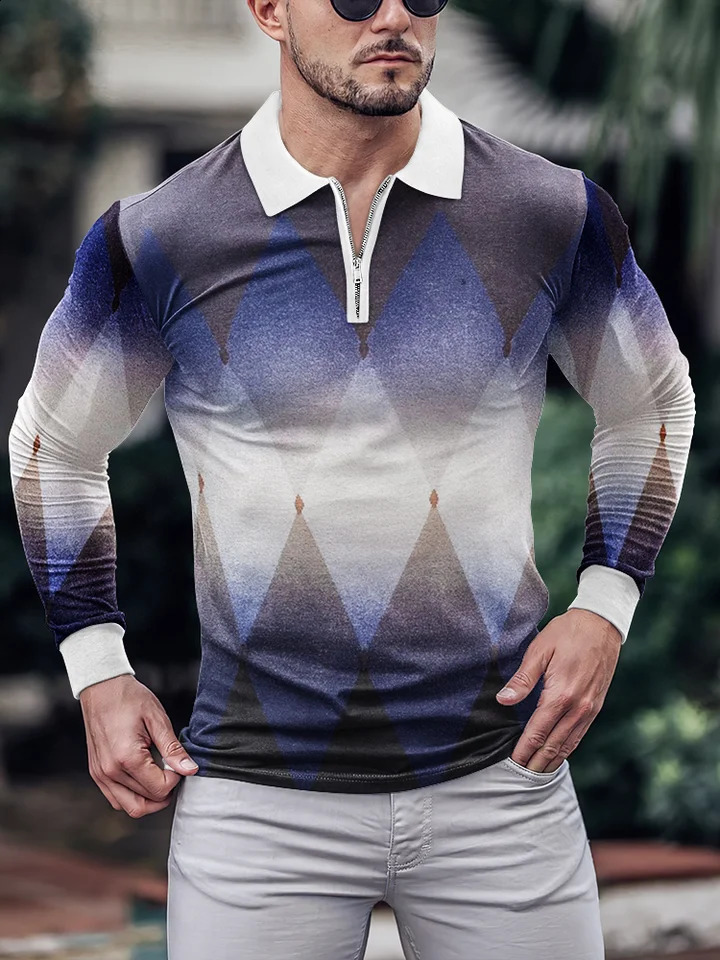Trendy versatile loose fit suitable for all seasons of mens long sleeved zipper polo shirt MB14 240820