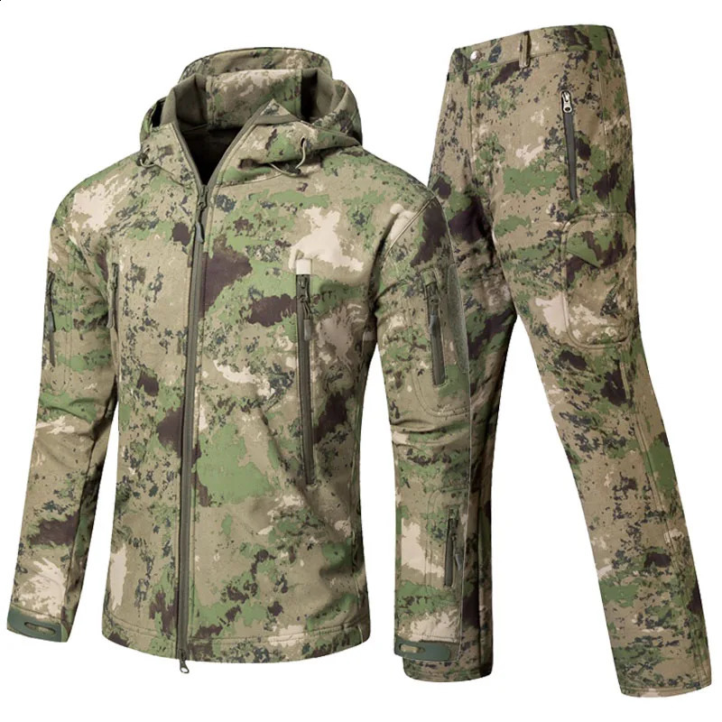 RU Camo Tactical Sets Men Winter Shark Skin Soft Shell JacketsArmy Multi-pocket Cargo Pants 2 Pcs Suits Waterproof Fleece Set 240819