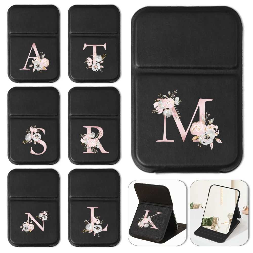 Portable Makeup Mirror Foldable Desktop PU Makeup Mirror Handheld Pocket Mirror Travel Cosmetic Tool Pink Flower Letter Pattern Y240819