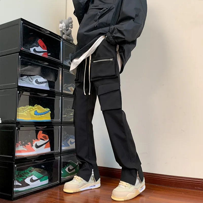 Black commodity pants for men ultrathin suitable fashionable retro pocket casual mens Japanese streetwear hiphop straight Trouser 240819