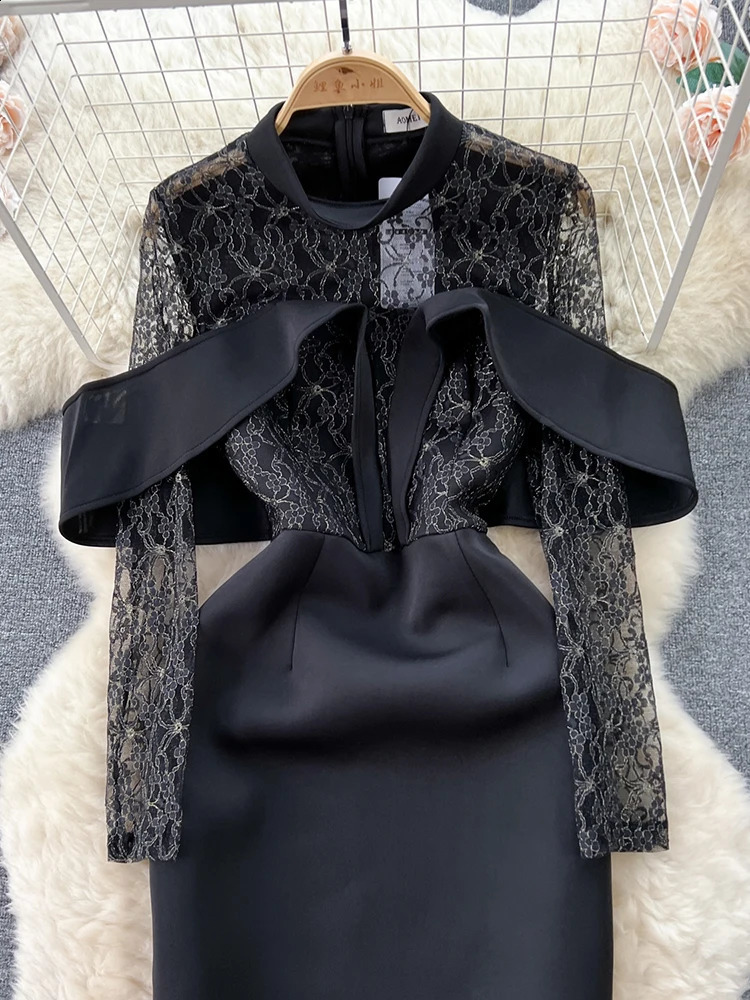 XFPV Female Stand Neck Long Sleeve Dress Lace Patchwork High Waist Hollow Out Elegant Vestidos Fashion Spring Autumn SM9558 240819
