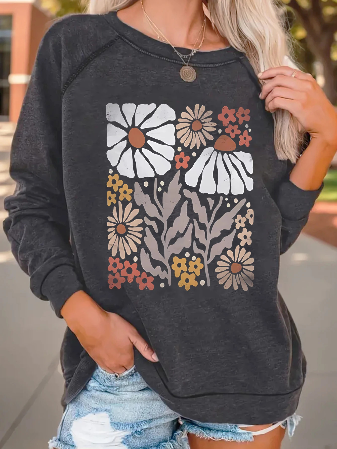 Bohemian floral print sweater collarless casual autumn and winter womens shoulder hoodie 240819