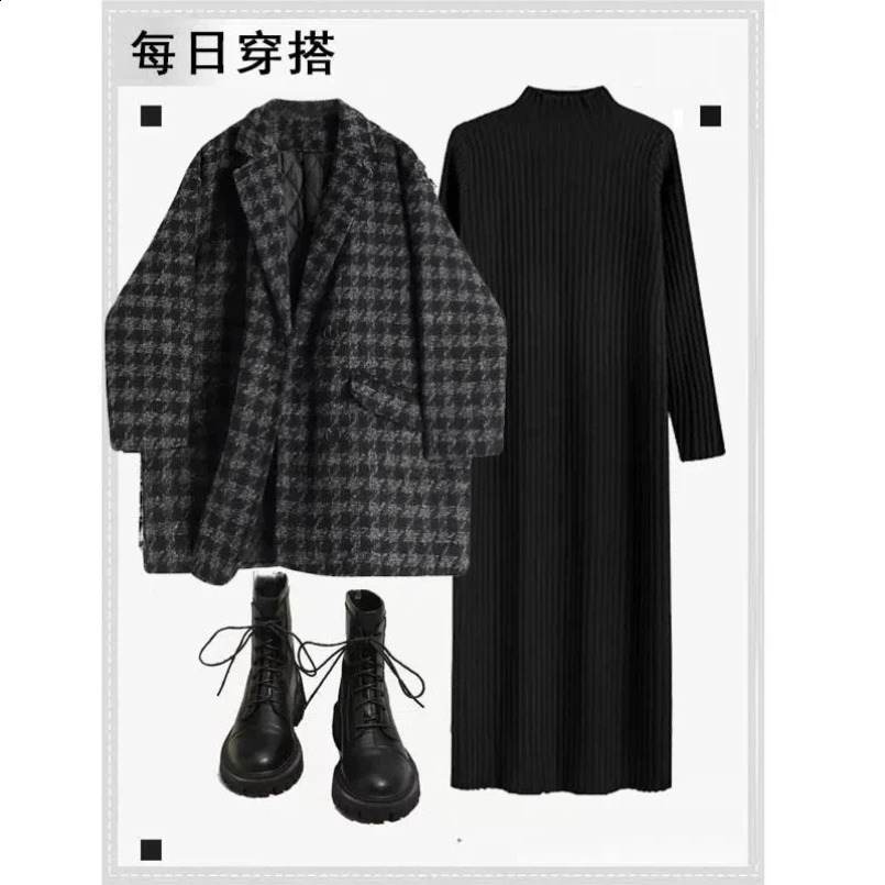 Autumn and Winter Womens Set Korean Checkered Jacket Paired with Slim and Loose Long Sleeved Knitted Dress Two-piece Set 240820