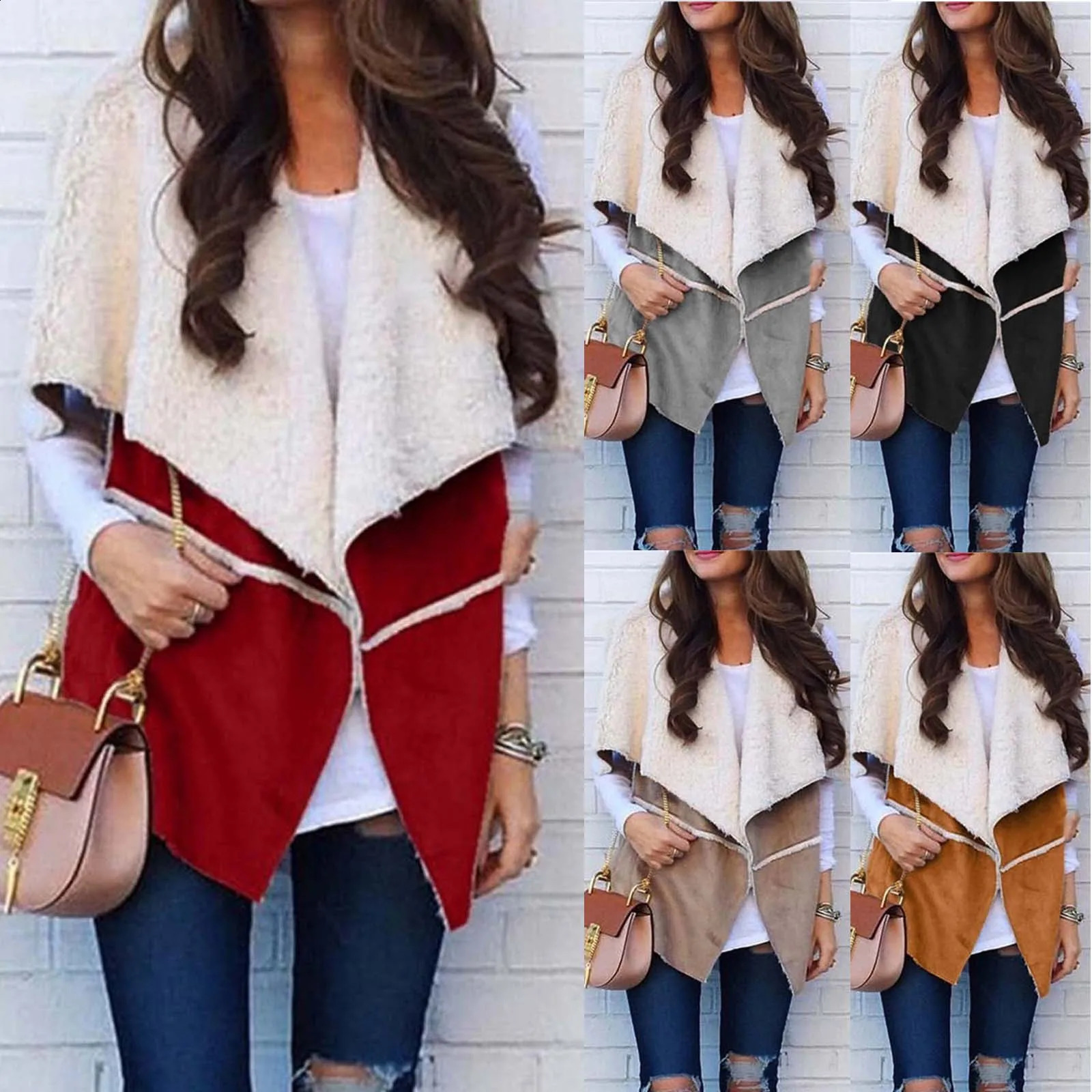 Winter velvet wool womens vest fashionable casual lapel sleeveless jacket slit coat 240819