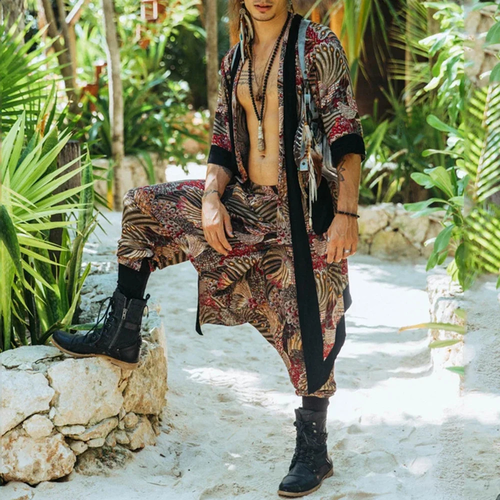 Mens Two-Piece Set 2024 Spring Summer Fashion Retro Casual Vacation Short-Sleeved Long Cardigan Leggings Printed Casual Suit 240819
