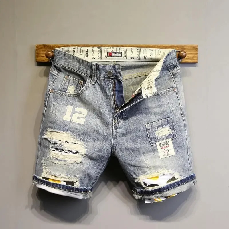 Mens denim shorts camouflage graphic trend mens XL patchwork original summer Korean fashion Jorts 240819