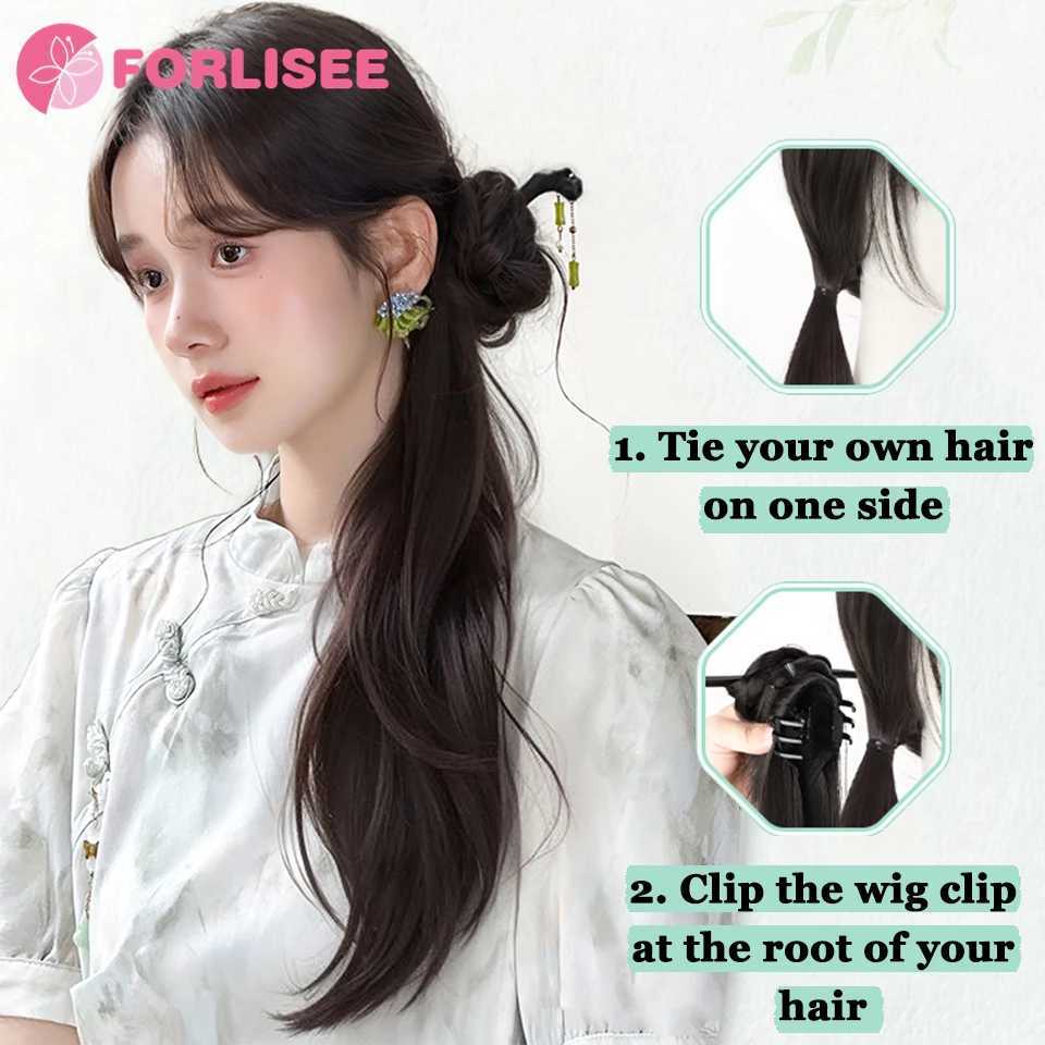 Forlisee synthetic wig ponytail womens ancient Chinese style high ponytail wig claw clip braided hair slightly curled ponytail W240817