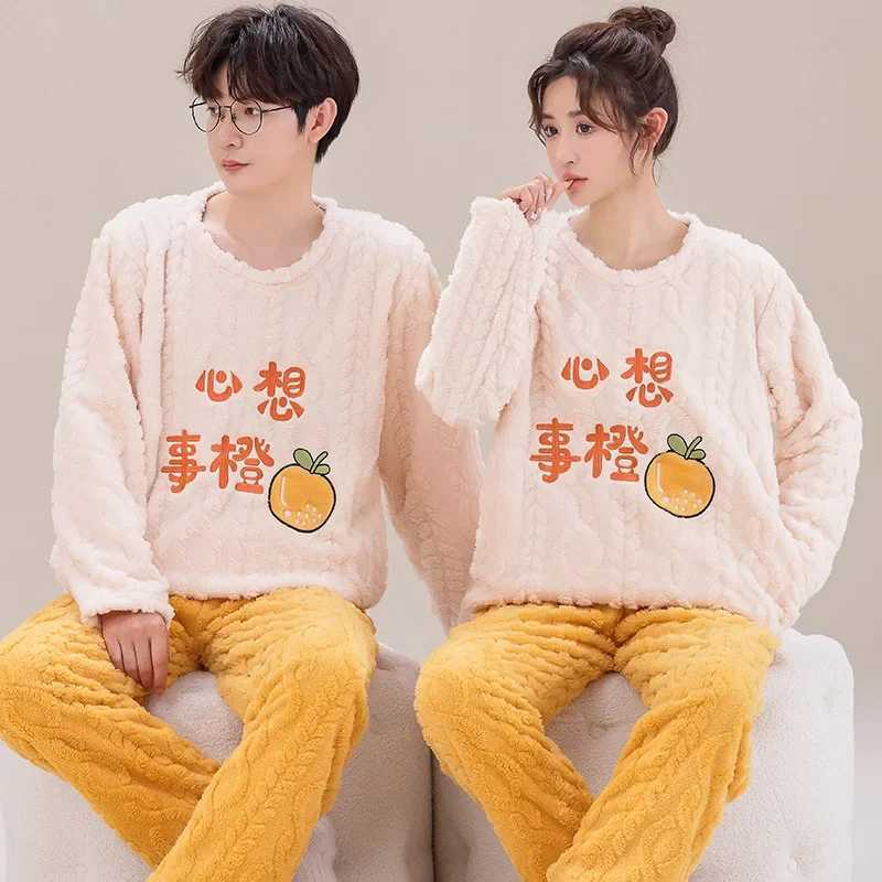 New couple pajamas set Warm flannel plush winter long sleeved O-neck pajamasW240719