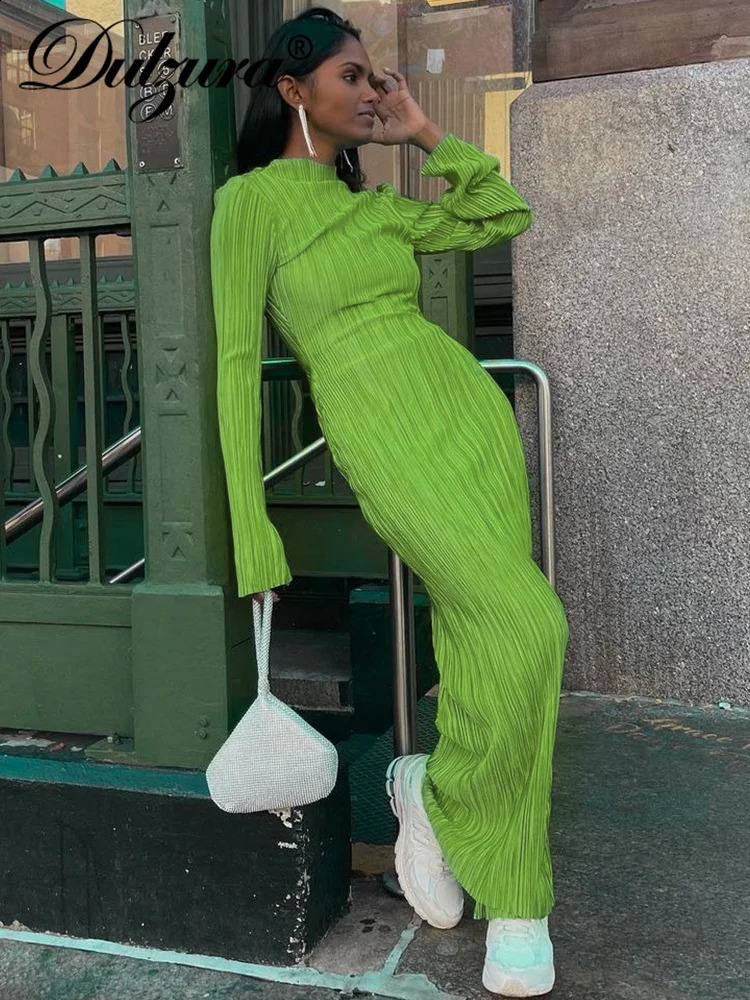 Dulzura Autumn Striped Ruched Ruffle Sexy Y2K Clothes Long Sleeve Bodycon Midi Dresses For Women Club Party Elegant Outfit 240819