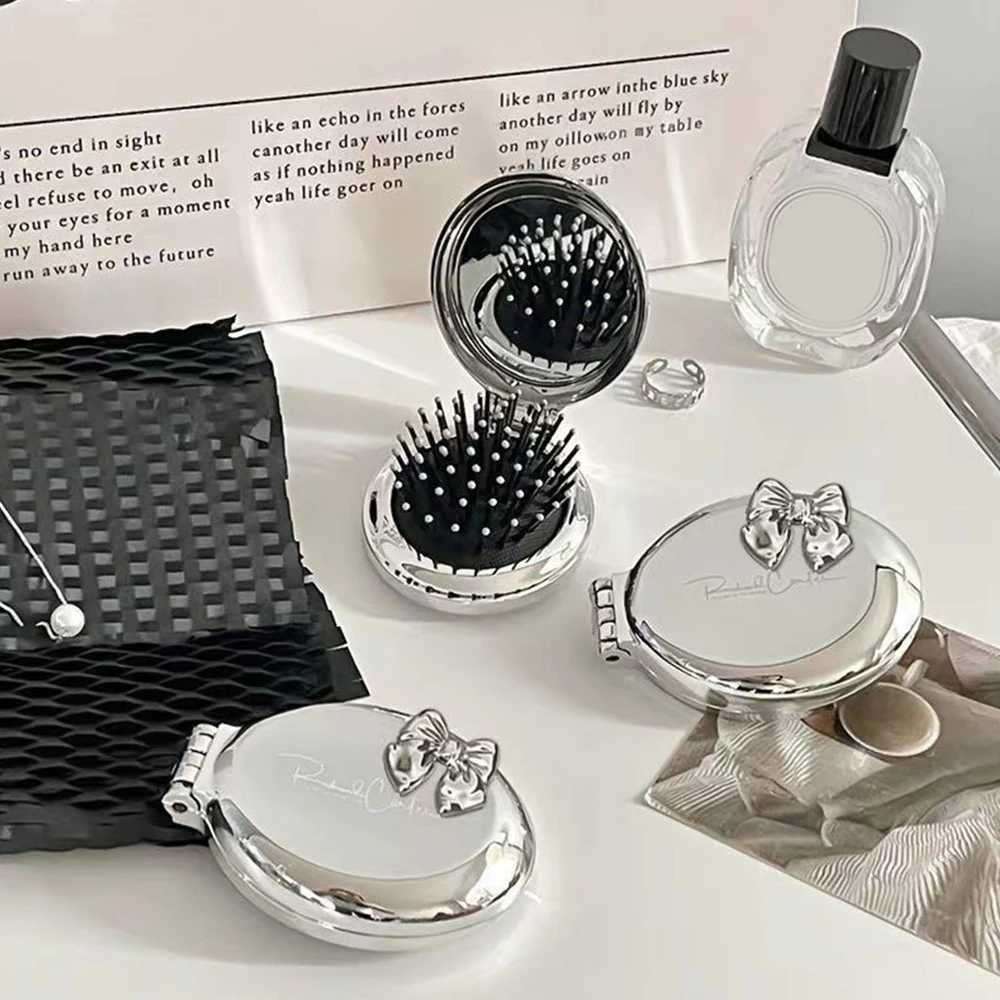 Foldable Hair Brush Mirror Air Cushion Comb Hairbrush With Mirror Pocket Size Scalp Massage Hair Comb Mini Bow Round espejo Y240819