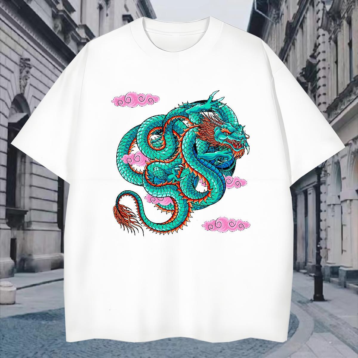 T Shirts Men 100% Cotton 230g dragon Hip Hop Breathable Short Sleeve Custom Print Oversized Tshirt for Man Woman 2024 Summer Popular Tees