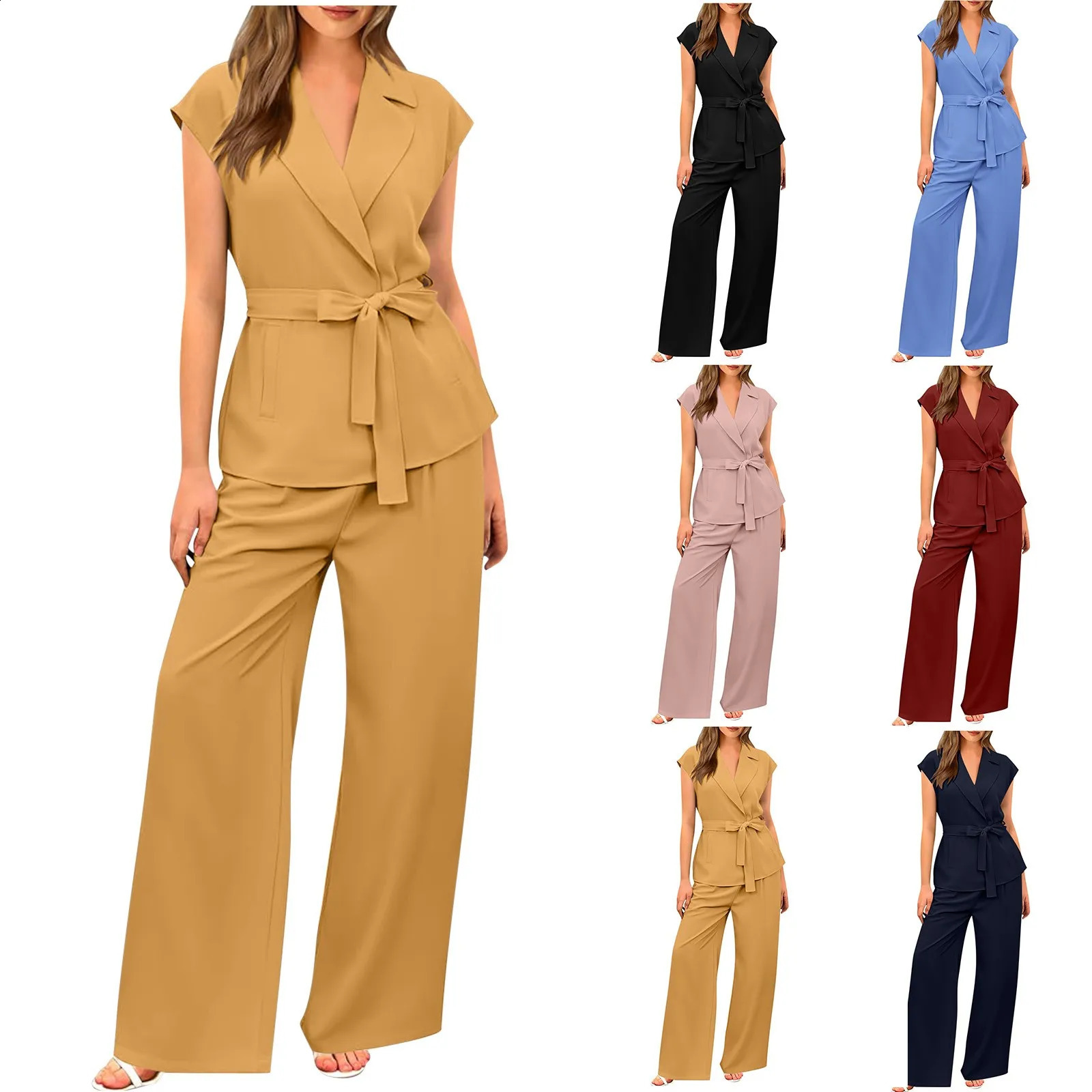 2024 WomenS Pant Set Fashion Casual Sleeveless Loose Lace-Up Cardigan Top Elegant Vintage High Waist Wide Leg Trousers 2-Piece 240819